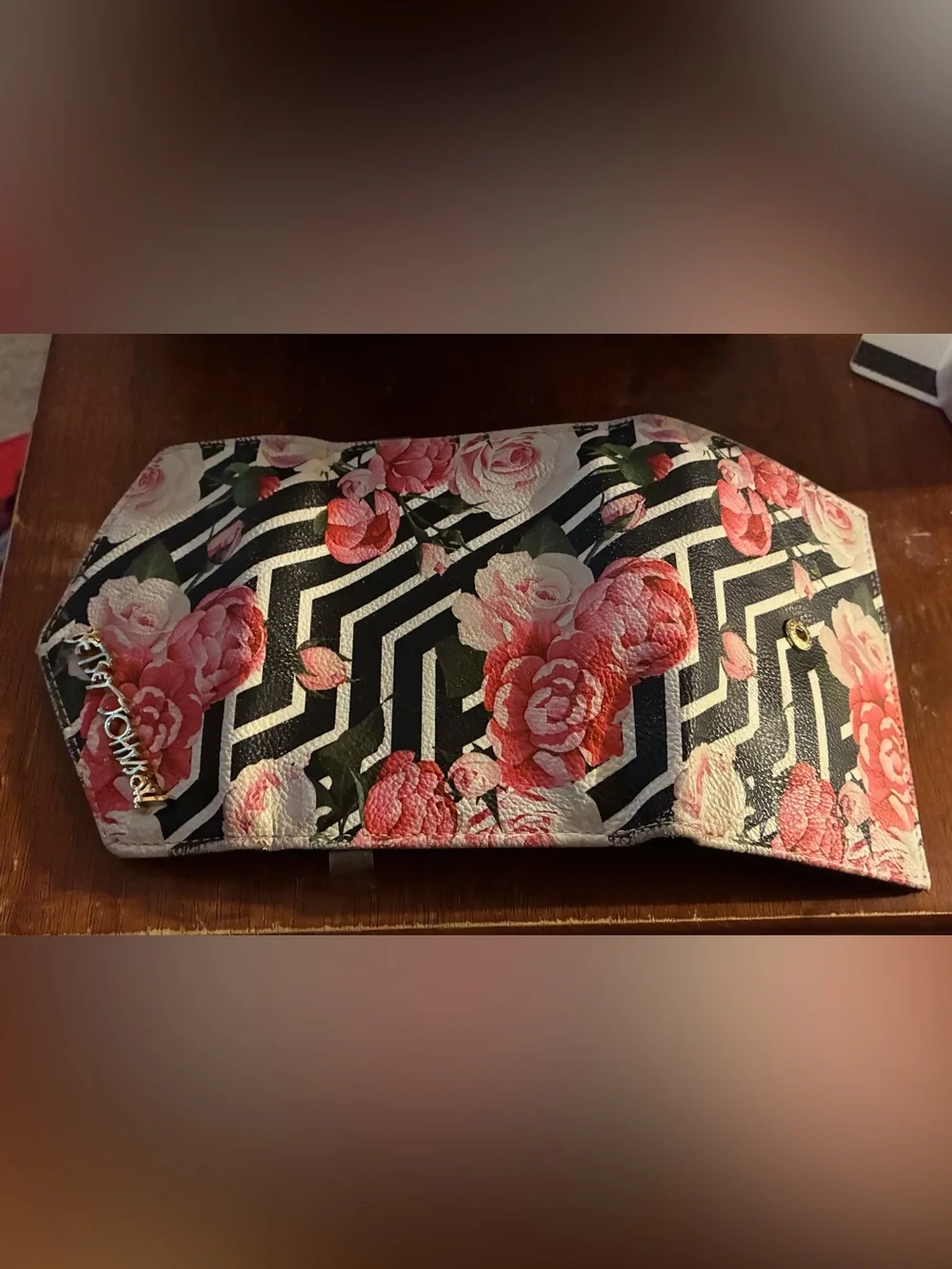 Betsey Johnson Black Floral Envelope Clutch with Pink Roses